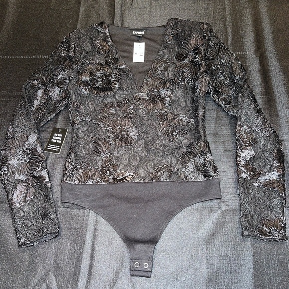 Express Lace Embroidered V-Neck Long Sleeve Thong Bodysuit - Picture 1 of 12